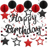 Pre-Strung Red & Black Birthday Decorations Banner, Honeycomb Balls, Swirls and Garland – No DIY Needed