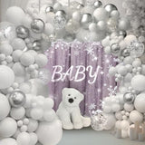 Silver White Snowflake Balloon Arch Kit With Diy Letter Number Backdrop 59 * 40 Inch For Baby Shower Birthday Wedding Snow Party Decorations, Winter White And Silver Balloons Garland Different Sizes