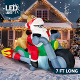 7 Ft Long Christmas Inflatables Outdoor Decorations, Inflatable Santa Riding Motorcycle With Reindeer, Blow Up Yard Deco