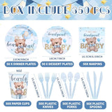 350Pcs Bear Baby Shower Decorations For 50 Guests Party Supplies For Boy Include Paper Plate, Napkin, Cup And Disposable Plastic Tableware