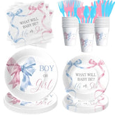 Pink Blue Bow Gender Reveal Decorations, Bow Theme Boy Or Girl Gender Reveal Party Supplies For Baby Shower, He Or She Paper Plate, Cup, Napkin, Disposable Cutlery, Serves 24