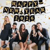 2026 Happy New Year Banner Black Gold Party Decoration Sign