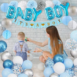 55PCS Blue Baby Shower Decor with "It's a Boy" Banner, Balloons, Pom Poms & More