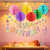 Birthday Banner Decorations With Honeycomb Balls, Stars, Circle Dots Garland Swirl Streamer Happy Birthday Party Decorations Supplies For Party(Macaron)