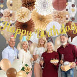 62pcs Boho Brown White Birthday Decorations with Banner Lanterns & Pom Poms