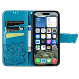For Iphone 16E Phone Case Wallet,Women Flip Folio Cover With Credit Card Holders Butterfly Flower Embossed Pu Leather Purse Magnetic Wrist Strap Kickstand Case For Iphone 16E Blue