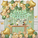 Sage Green Birthday Decorations With Happy Bithday Banner, Curtains, Heart Star Balloons, Butterfly Decor And Led Light For Green Happy Birthday Party Decorations Women(Green)