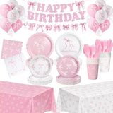 322 Pcs Pink Bow Birthday Decorations (Serves 50), Plates And Napkins Cups Knifes Forks Banner Tablecloth Balloons Bow Theme Tableware For Girls Bachelorette Party Decor