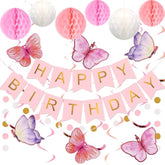 Birthday Decorations, Happy Birthday Banner With Honeycomb Balls, Butterfly Hanging Swirl Streamers, Circle Dots Garland, Happy Birthday Party Decorations For Women Men Boys Girls (Pink)