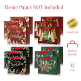 12Pcs Red Green Metallic Gold Christmas Gift Bags Bulk, Medium 9X7 In, Gilded Xmas Tree Noel Gift Wrap Bags, Mistletoe Foiled Paper Favor Bag Gift Packaging For Thanksgiving Holiday New