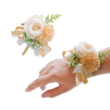 2Pcs Rose Flower Wrist Corsage Boutonniere Set Handmade Artificial Corsage Set Bride Hand Flower Men Boutonniere For Wedding Party Prom Decorations (Champagne)