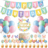 Butterfly Birthday Party Decorations For Girls, Pastel Happy Birthday Banner, 24 Balloons Pink Green Blue Ivory, Butterfly Cake Topper & 24 Cupcake Toppers, Spring Garden Birthday Party Supplies