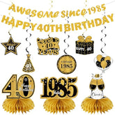 11Pcs 40th Birthday Decoration Kit – Black & Gold Banner, Swirls, Centerpieces and Table Toppers