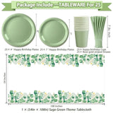 222 Pcs Sage Green Happy Birthday Decorations, Birthday Decorations For Women Or Girl Kit- Disposable Dinnerware Set With 25 Guest, Balloons, Sash, Tiara, Banner, Paper Pom Poms