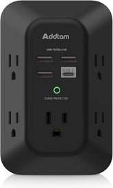 Surge Protector Outlet Extender 5 Outlets 4 USB Ports 1800J 3 Side Wall Plug Black