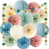 Dusty Rose Pink and Blue Party Decorations Dusty Blue Paper Lantern Sage Green Tissue Pom Poms Beige Paper Fans Circle Dot Garlands for Retro Gender Reveal Baby Shower Birthday Bridal Party Decoration