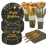 400Pcs Happy Birthday Party Supplies, Black And Gold Disposable Dinnerware Set Includes Paper Plates Napkins Cups Straws Forks Knivesand Spoons For Graduation Birthday Party Decorations, Serve 50