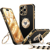 For Iphone 16 Pro Max Case With Stand, Phone Case With Double Ring Kickstand, Women Girls Bling Luxury Protective Case Heart For Iphone 16 Pro Max 6.9 Inch, Black