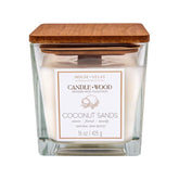 Candle Wood Collection, 15 Oz, 1 Wooden Wick, Coconut Sands, Square Glass Jar Candle