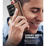 Brown leather Galaxy S25 Ultra case with MagSafe, strong magnets & kickstand.