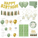 Sage Green Birthday Decorations - Balloon Garland Kit Arch, Happy Birthday Banner, Green Fringe Curtain Tablecloth & Decor For 10Th, 13Th, 16Th, 18Th, 21St & 30Th Birthdays
