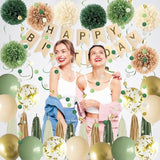 47PCS Sage Green Birthday Decor – Banner, Pompoms, Tassels, Swirls & Balloons