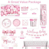 238 Pcs Pink Bow Baby Shower Decorations, All-In-One Party Pack For 20 Guests, Includes Tableware, Backdrop, Banner, Balloons And More For Bow Themed Baby Shower Decorations