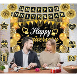 Happy Anniversary Decorations, Black And Gold Happy Anniversary Banner Wedding Party Decorations With 18Pcs Balloons, Backdrop, Hanging Swirls, Pompoms