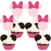 24Pcs Mouse Inspired Cupcake Toppers With Bow Glitter Mouse Cupcake Picks For Baby Shower Wedding Kids Birthday Mouse Themed Party Cake Decorations Pink Rose Red