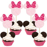 24Pcs Mouse Inspired Cupcake Toppers With Bow Glitter Mouse Cupcake Picks For Baby Shower Wedding Kids Birthday Mouse Themed Party Cake Decorations Pink Rose Red