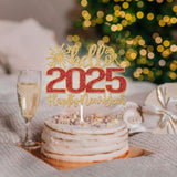 Hello 2026 Happy New Year Cake Topper Gold Red Glitter Party Decorations