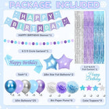 Blue and Purple Birthday Decorations, 50PCS Winter Birthday Party Decorations with Blue Purple Silver Balloons Banner Sash Fringe Curtain, Winter Wonderland Decorations Party Supplies for Women Girls