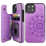 Mandala Pattern PU Leather Wallet Case for iPhone 14 with Card Holder and Double Buttons, Compatible with Magnetic Car Mount, 6.1 Inch, Purple