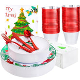 176 Pieces Of Christmas Plates - Disposable Plastic Dinnerware Set - Christmas Tree Includes 50 Plates 75 Plastic Silver Cutlery 25 Cups 25 Napkins And Tablecloths