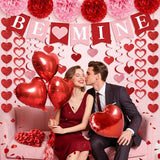 Valentines Day Decorations, Valentines Banner, Love Heart Garlands, Hanging Swirls, Red Heart Balloons and Rose Petals for Valentines Wedding Engagement Anniversary Romantic Party