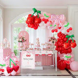 Pink Red Cherry Balloon Garland Arch Kit Coquette Bow White Balloons For Girls Birthday Cherry On Top Berry First Summer Fruit Party Baby Shower Cherries Party Decorations