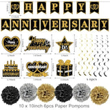 Happy Anniversary Decorations Kit - Black Gold Wedding Party Supplies - Large Banner, Backdrop, Table Centerpieces, Hanging Swirl, Paper Pompoms Decors