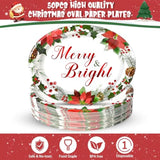 50 Count Christmas Paper Plates Oval Paper Plates 10" X 12" Disposable Merry & Bright Floral Dinner Paper Plates For Xmas Wedding Birthday Candy Cookie Christmas Party Supplies