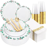175 Pcs Christmas Plates Set & Holly Berry Plates - Christmas Plates Disposable Include 50 Christmas Plastic Plates,25 Forks, 25 Knives, 25 Spoons, 25 Napkins Ideal For Xmas Party