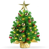 Mini Prelit Christmas Tree, 22" Tabletop Decoration With Warm Lights, Gold Ornaments, Red Berries & Cloth Bag Base