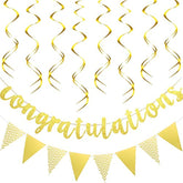 Pre-Strung Glitter Congratulations Banner Triangle Flag Banner With 12 Pieces Hanging Swirls For Wedding Retirement Graduation Anniversary Party Decorations(Gold)