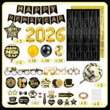 71 Pc 2026 New Year Party Kit with Balloons Banner and Black Gold Decor