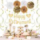 Gold Happy Retirement Party Decor Set with Banner, Swirls & Pom Poms