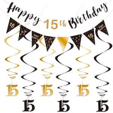 15Th Birthday Decoration Kit For Boys Girls, Happy 15Th Birthday Banner Bunting Swirls Streamers, Triangle Flag Banner For Birthday Party Decorations Supplies Black And Gold 15Th