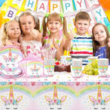 Unicorn Birthday Decorations For Girls - 82 Pcs Rainbow Unicorn Party Supplies Include Disposable Tableware, Tablecloths And Banners, Pink Floral Birthday Party Decor Serves 16