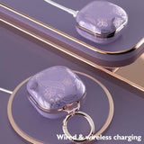 Tatify Case For Galaxy Buds - Pro, Live & 2 Series, Golden Leaf Hard Case With Carabiner, Supports Wireless Charging (Purple & Golden)