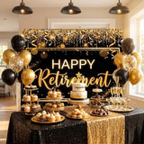 Happy Retirement Backdrop 59x39in Black Gold Party Banner