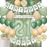 21st Birthday Decorations for Her - Sage Green Party Kit With Banner, Sash, Cake Topper, Olive Green Balloons - Birthday Gifts for Women