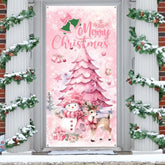 Pink Christmas Decoration Snowman Christmas Door Cover Deer X-Mas Front Door Banner Decorations For Indoor Outdoor Holiday Party Supplies Banner