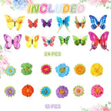 36Pcs Flower Party Decorations Paper Flowers With 3D Butterfly Decorations, Spring Theme Party Backdrop Photo Booth Wall Decor